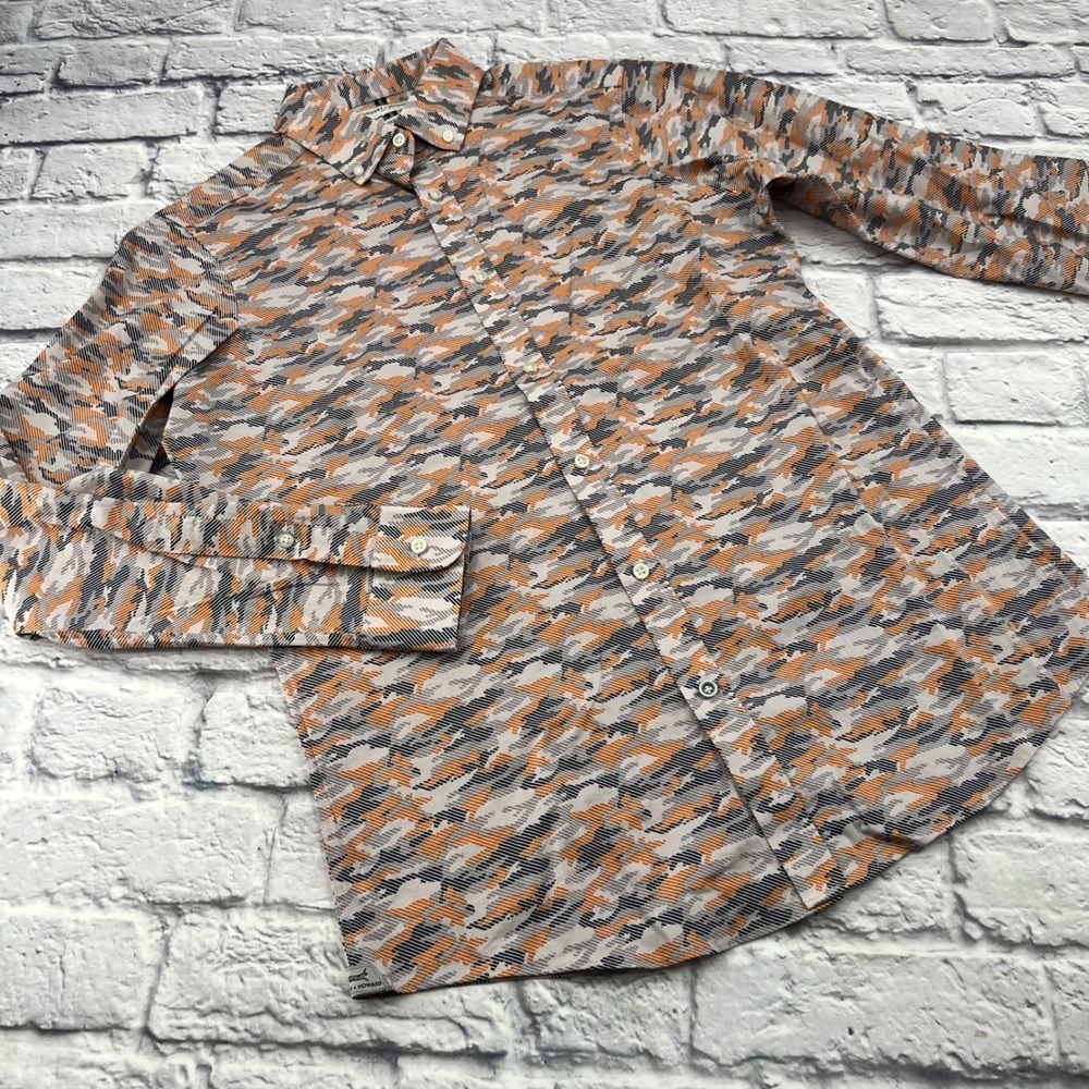 Crosby & Howard Mens M Orange Grey Camo Stretch Button Down Shirt Long Sleeve